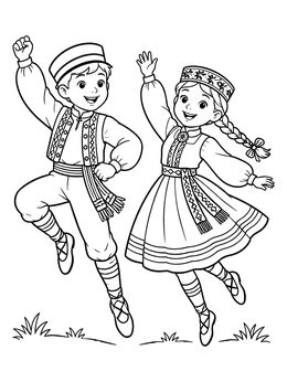 Free printable Estonian Folk Dancers Leaping Happily coloring page