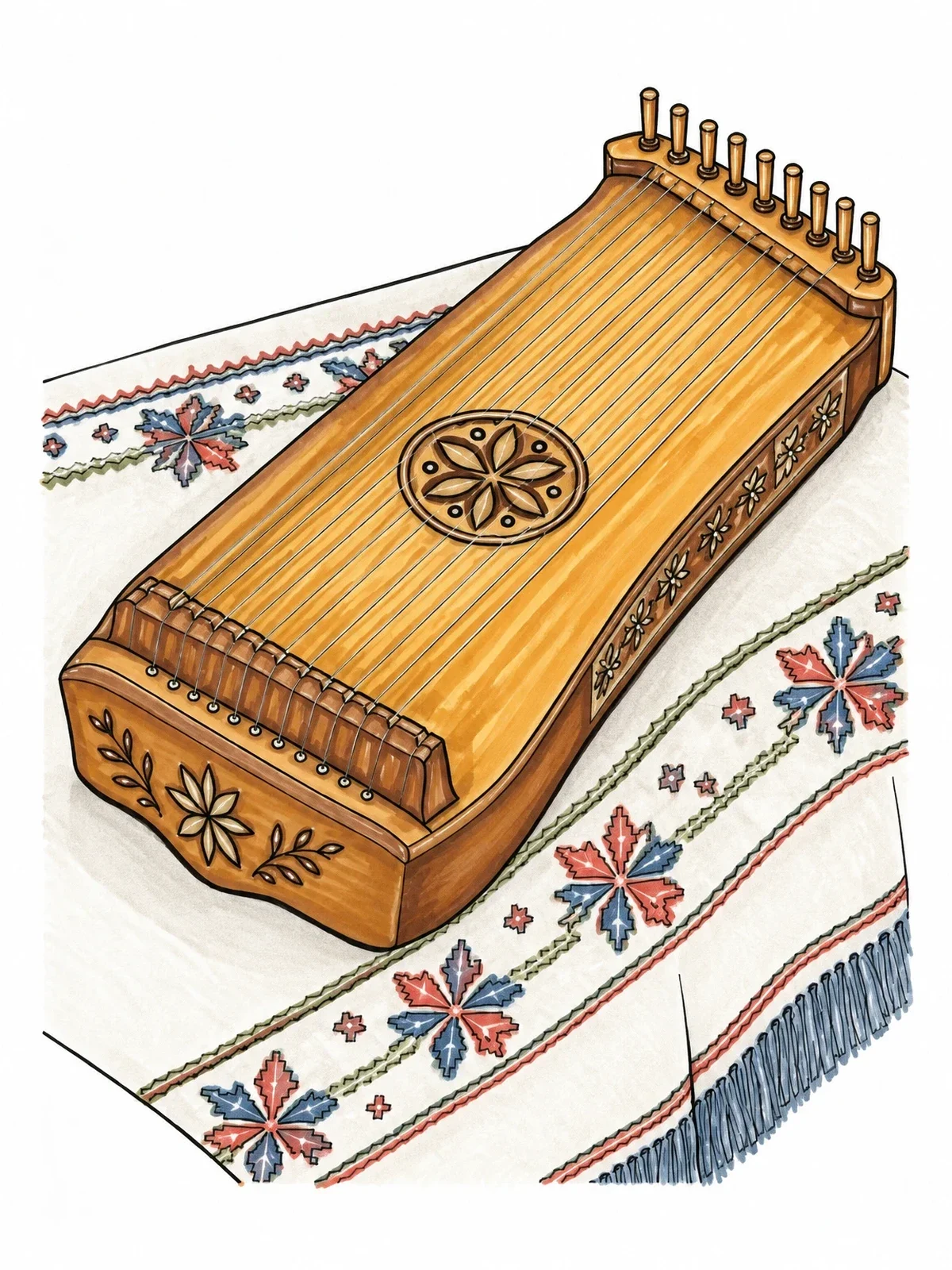 Colored example of the Traditional Estonian Kannel On Folk Tablecloth coloring page