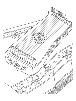 A traditional wooden kannel rests on an embroidered cloth in this estonia coloring page.