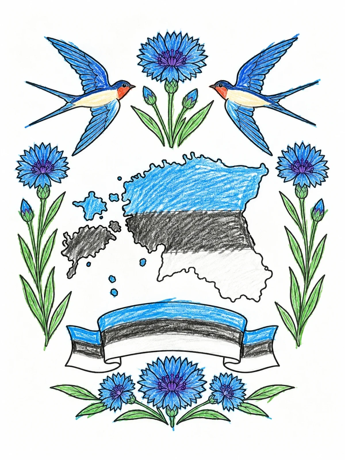 Colored example of the Estonian Map With Barn Swallows And Cornflowers coloring page