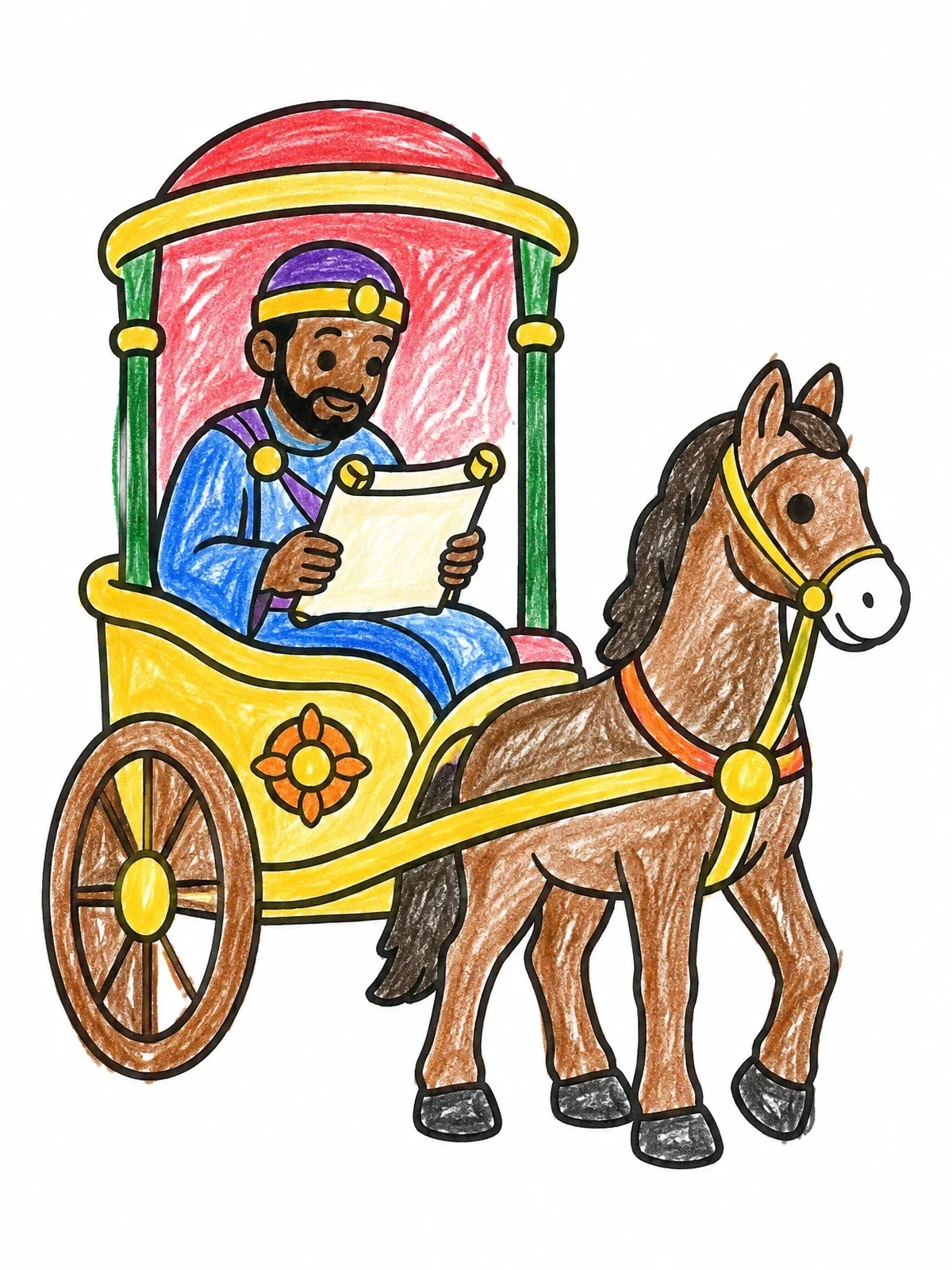 Colored example of the Man Reading Scroll In Chariot coloring page