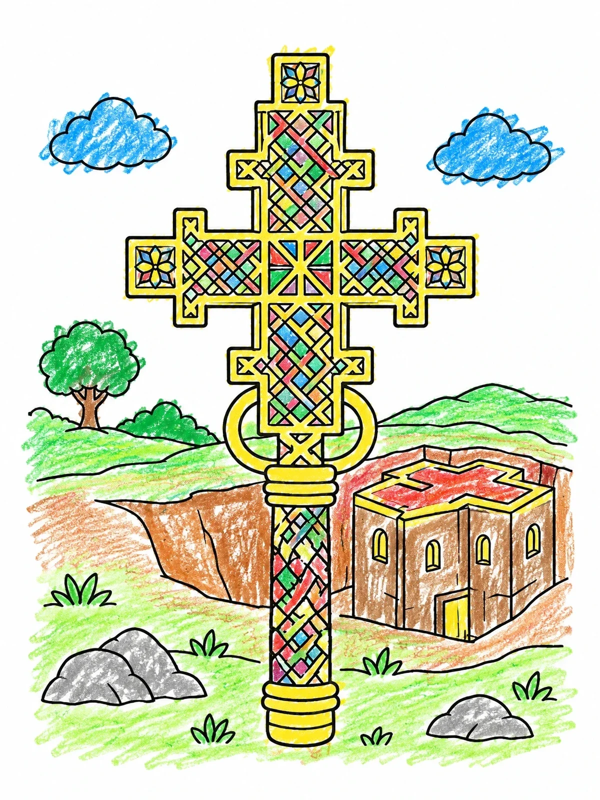 Colored example of the Lalibela Cross And Rock Church coloring page