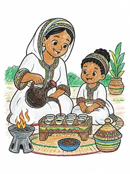 Ethiopian Traditional Coffee Ceremony Coloring Page