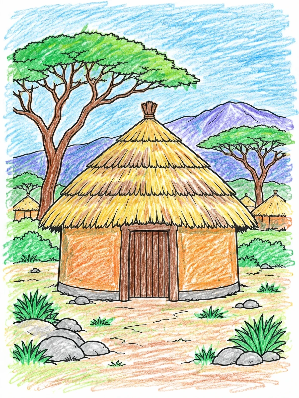 Colored example of the Traditional Thatched Tukul In Highland Village coloring page
