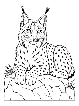 A lynx coloring page showing a spotted wildcat resting calmly on a rocky ledge.