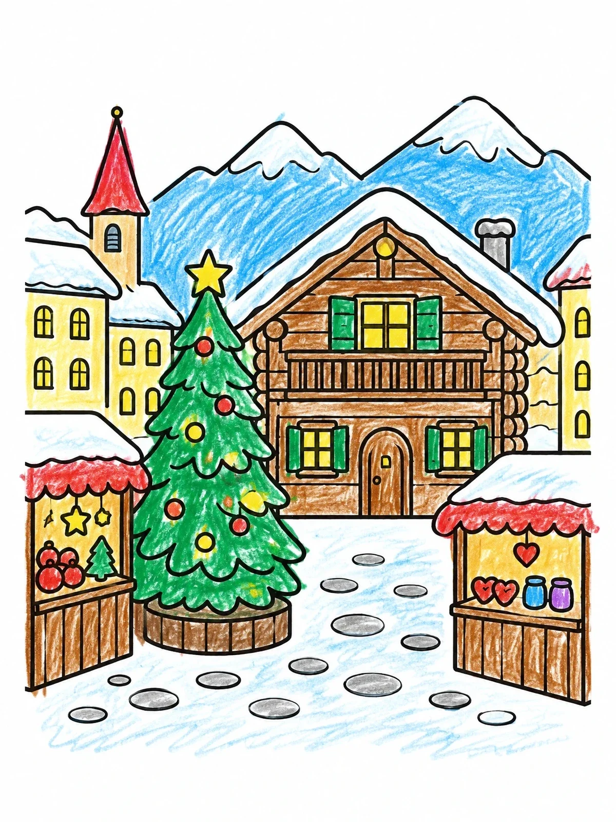 Colored example of the Alpine Village Christmas Market coloring page