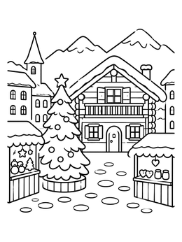Free printable Alpine Village Christmas Market coloring page