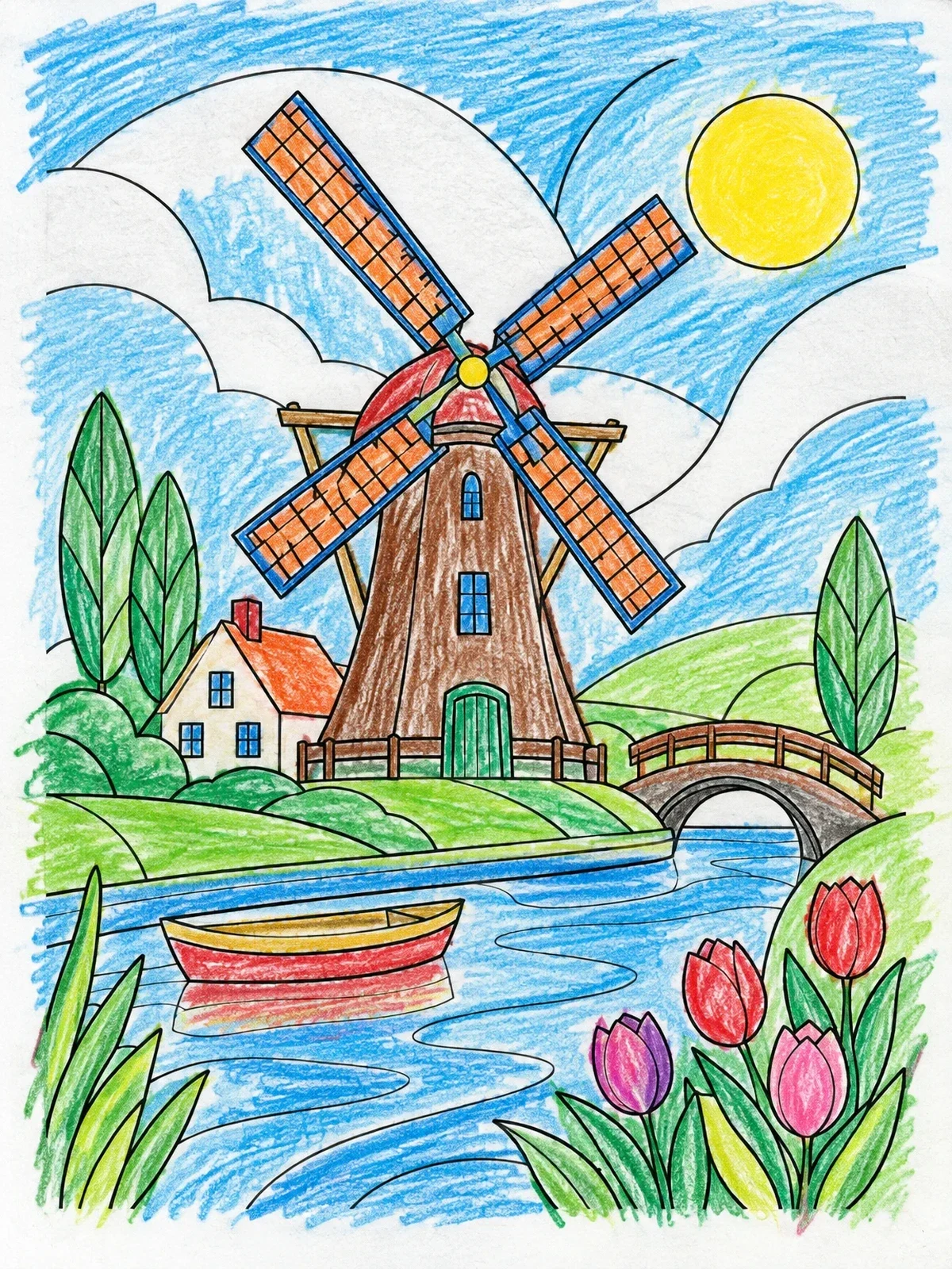 Colored example of the Dutch Windmill Along Peaceful Canal coloring page