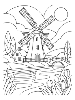 Free printable Dutch Windmill Along Peaceful Canal coloring page