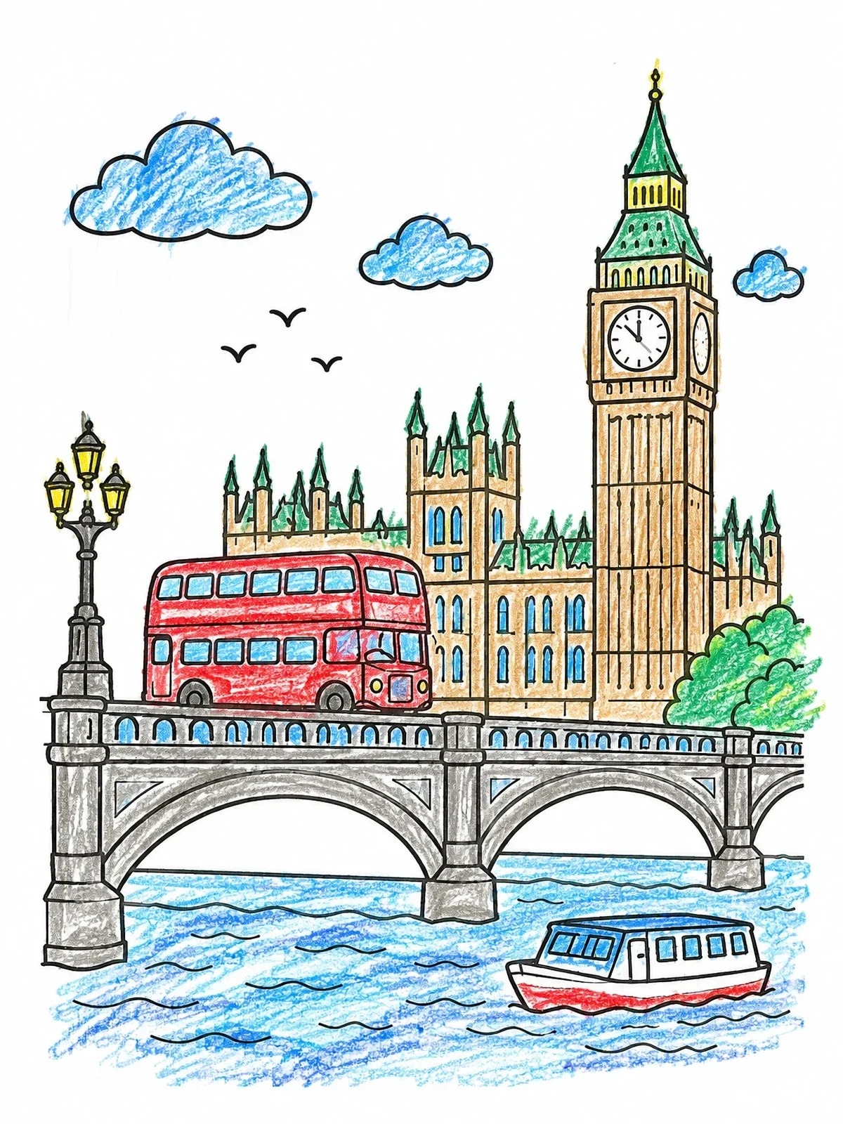 Colored example of the London Bridge With Big Ben And Bus coloring page