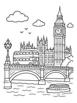 Free printable London Bridge With Big Ben And Bus coloring page