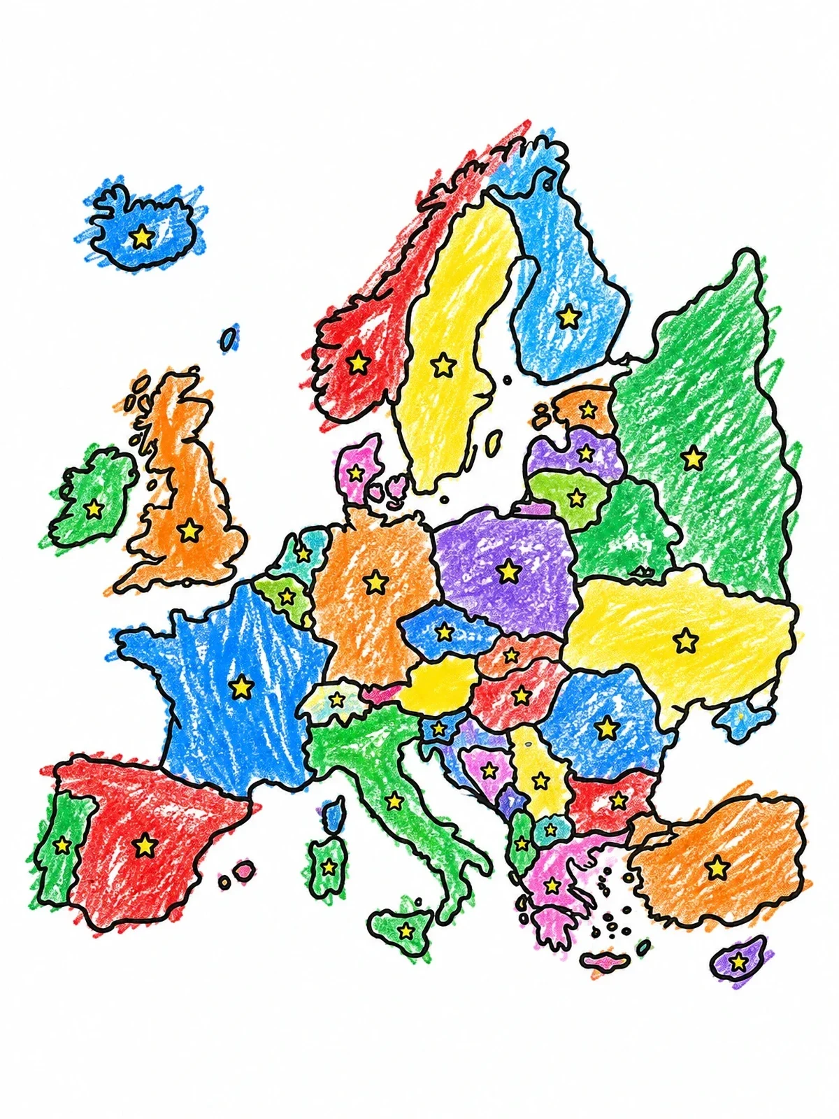 Colored example of the Map Of Europe With Stars coloring page