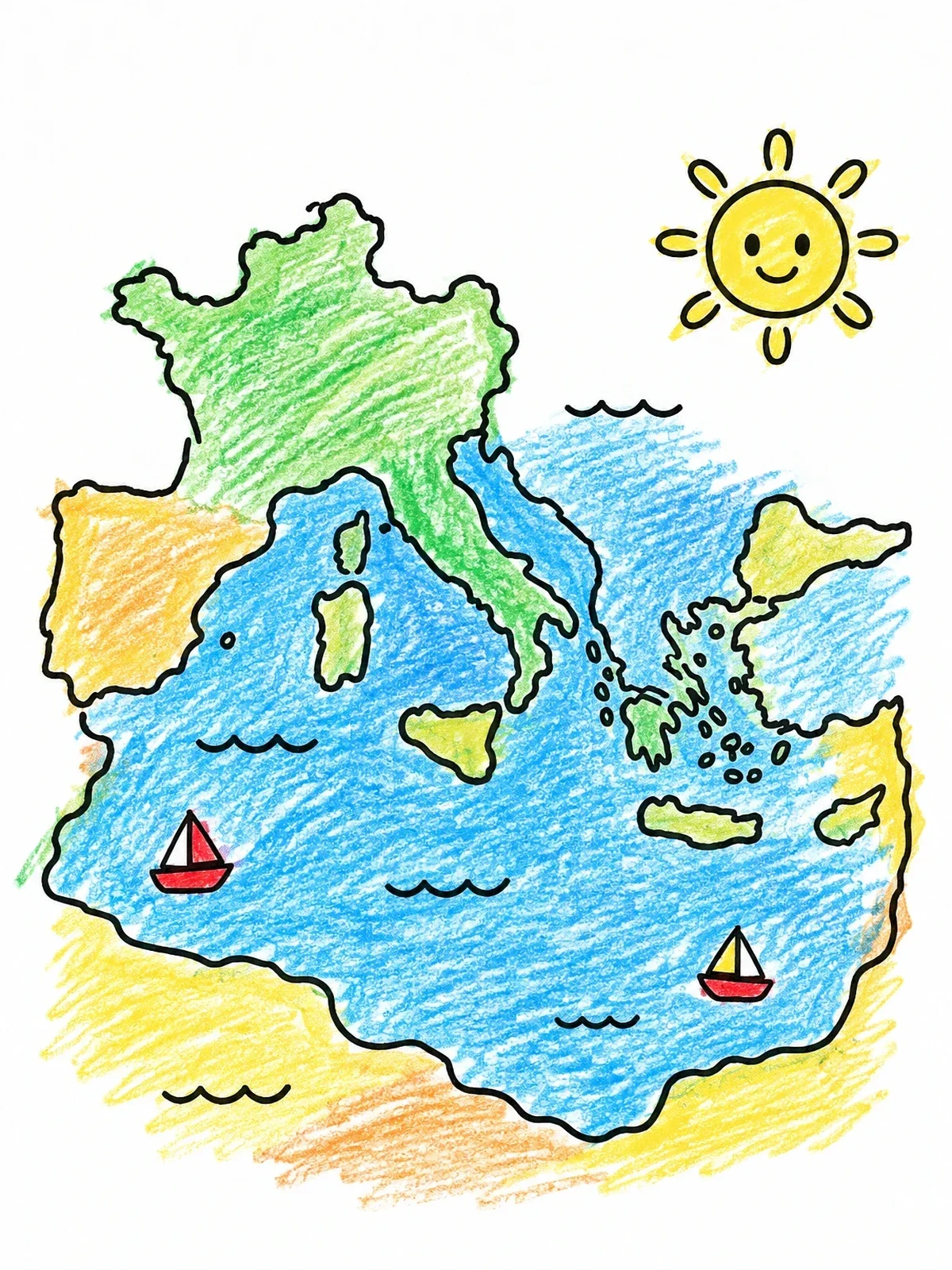 Colored example of the Sunny Mediterranean Sea Map Outline coloring page