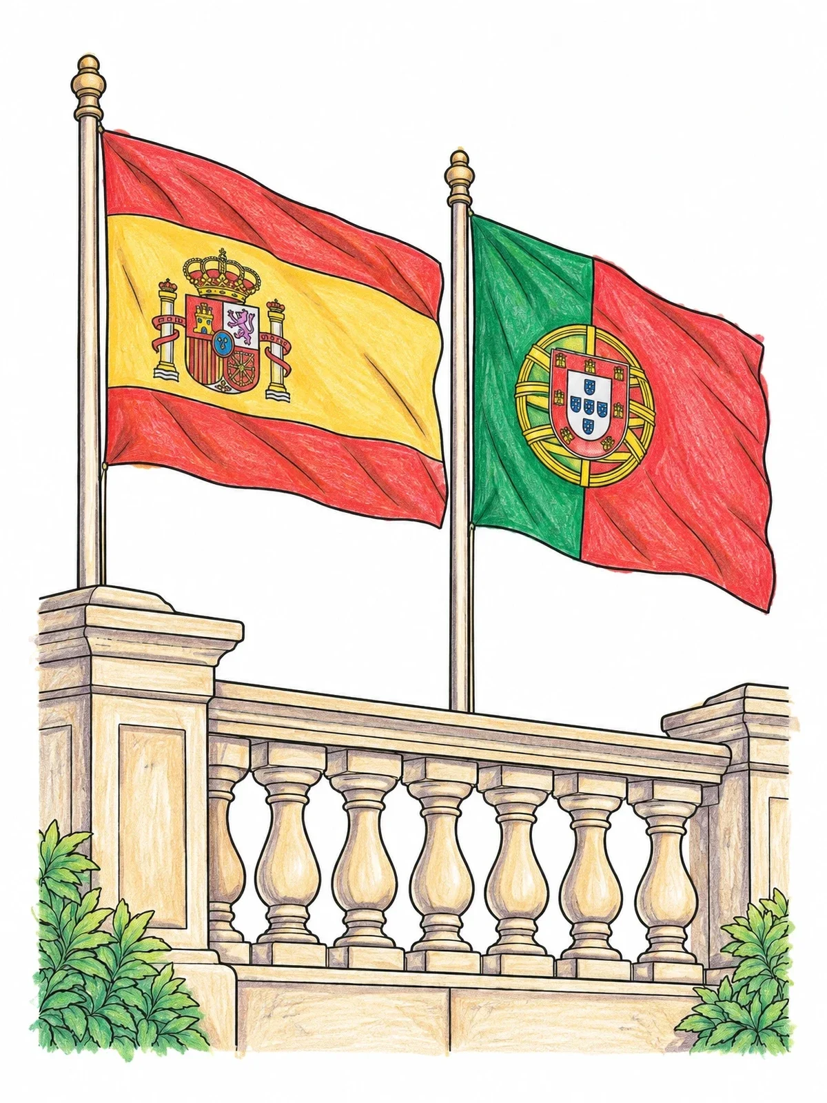 Colored example of the Spanish And Portuguese Flags On Balustrade coloring page