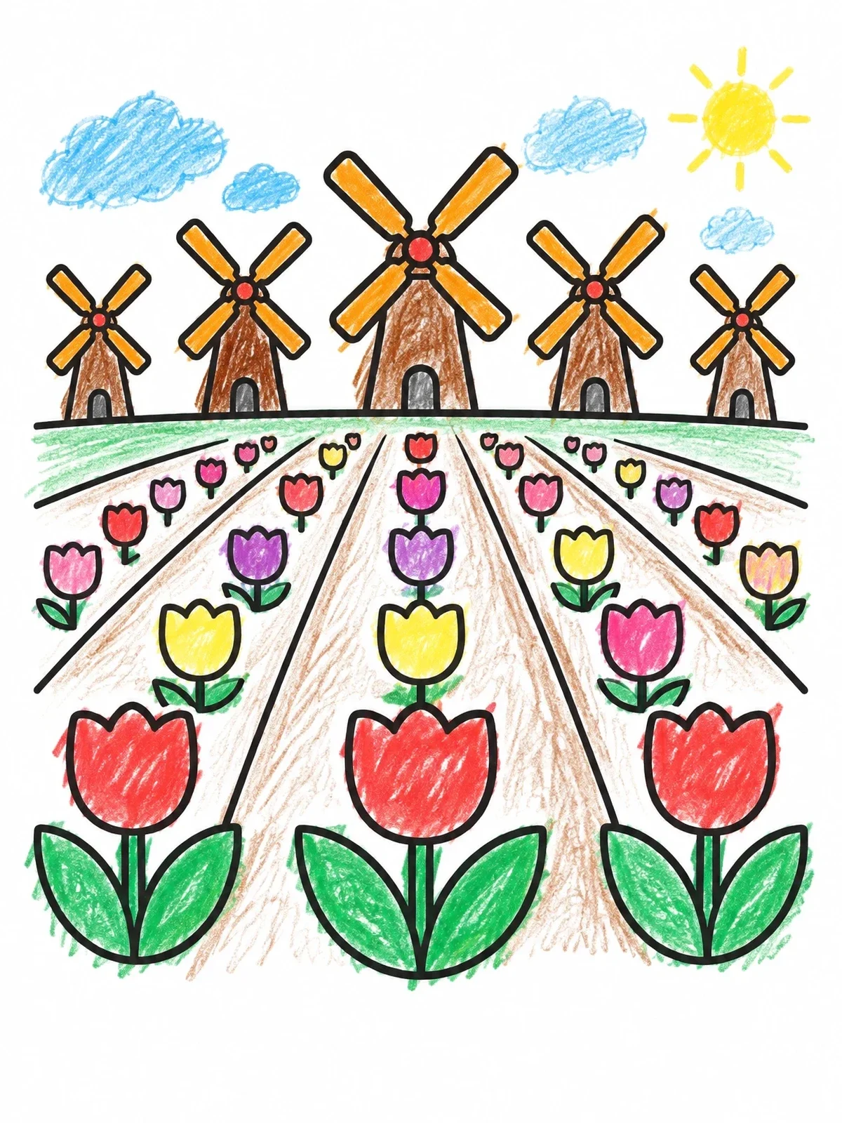 Colored example of the Windmills And Dutch Tulip Fields coloring page