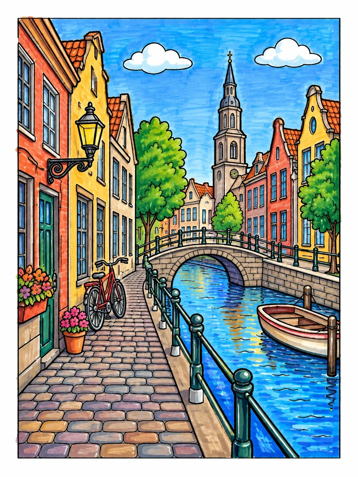 Colored example of the European Canal And Historic Street coloring page