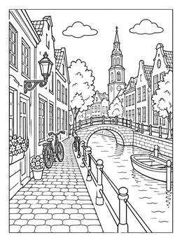 Free printable European Canal And Historic Street coloring page