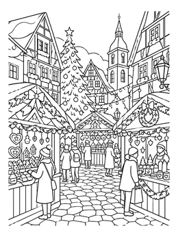 A bustling christmas village coloring page featuring festive market stalls, a decorated tree, and timbered houses.