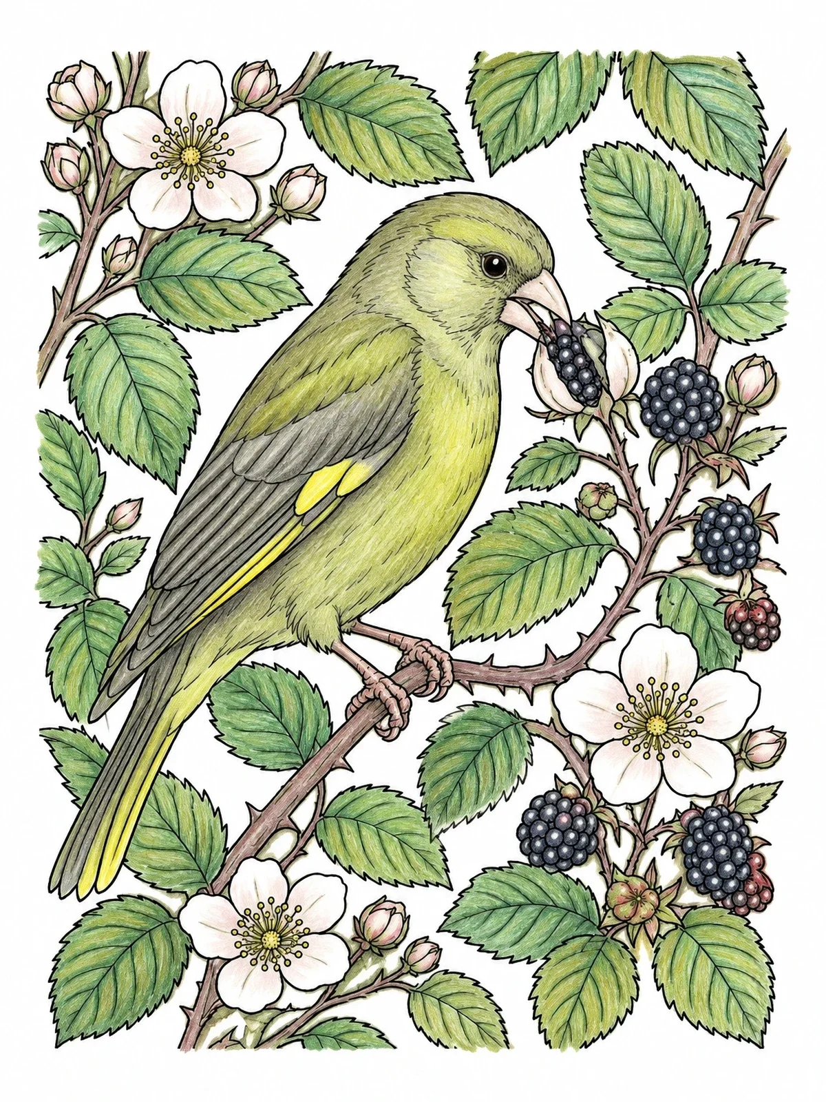 Colored example of the European Finch Among Blackberry Vines coloring page