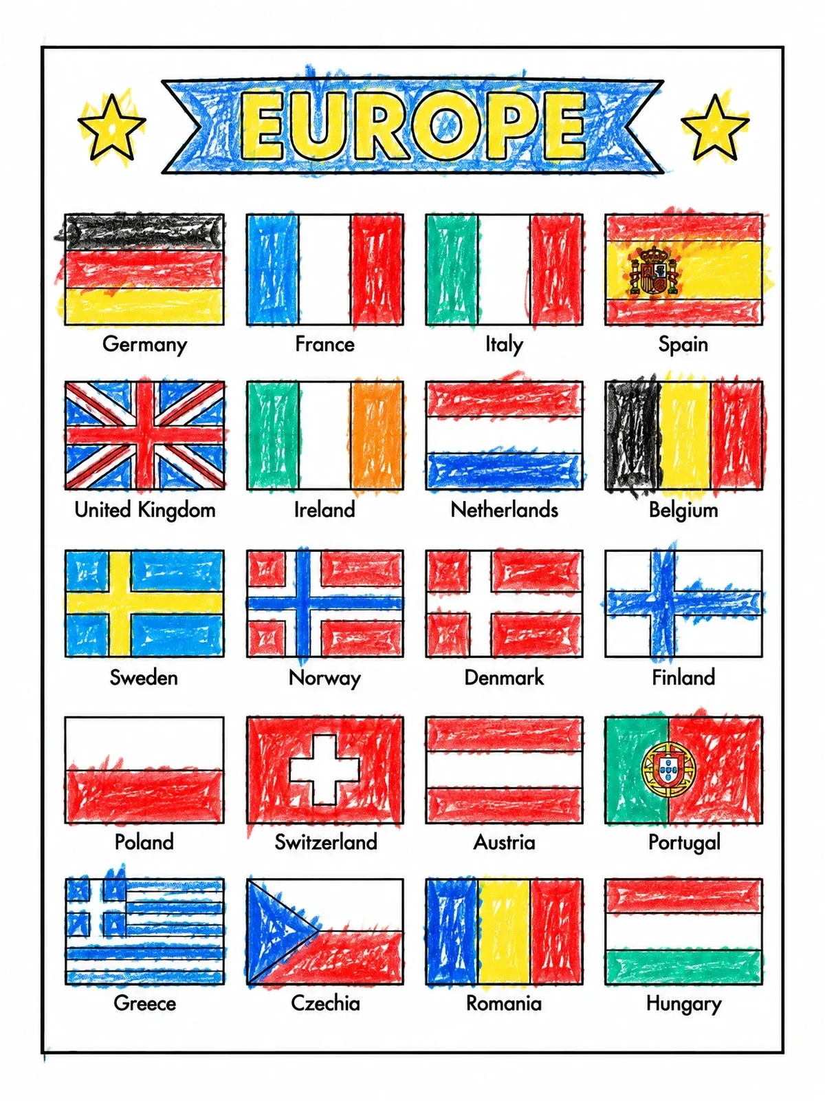 Colored example of the European Flags Educational Poster coloring page
