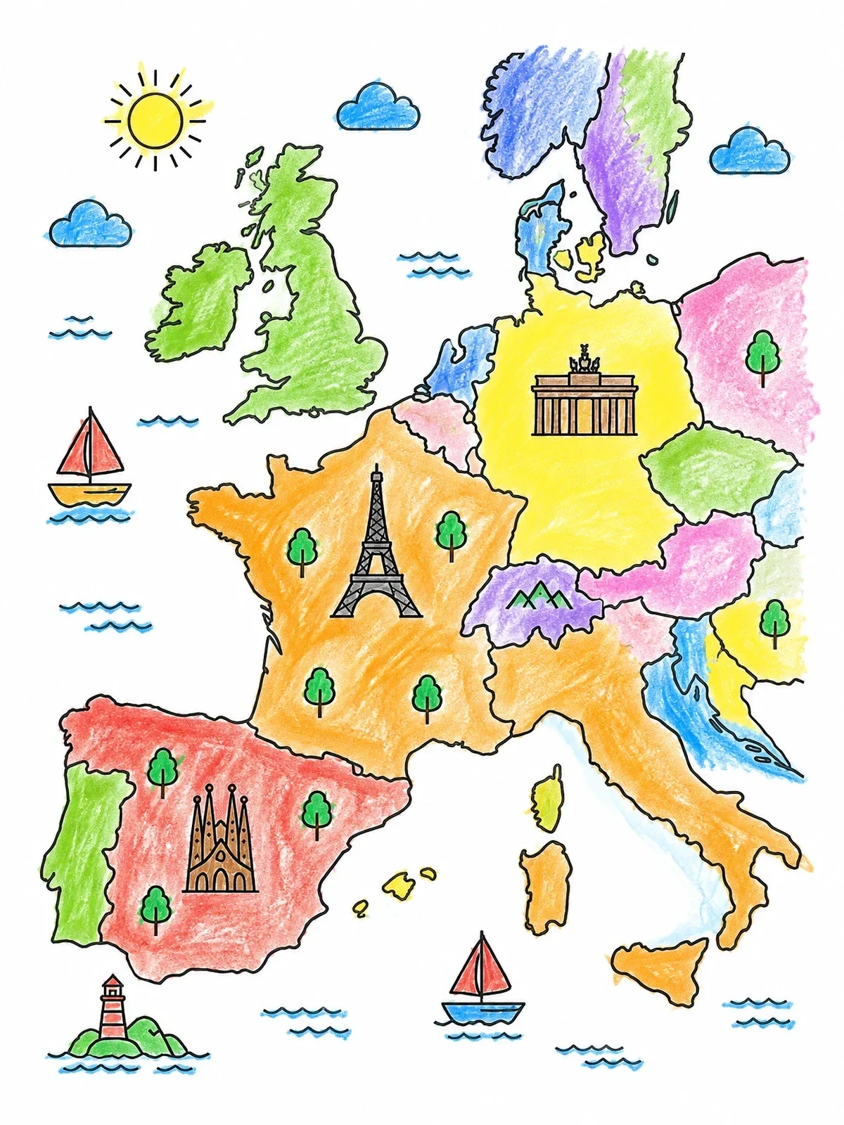 Colored example of the European Map With Famous Landmarks coloring page