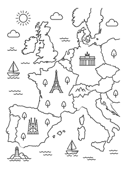 Free printable European Map With Famous Landmarks coloring page