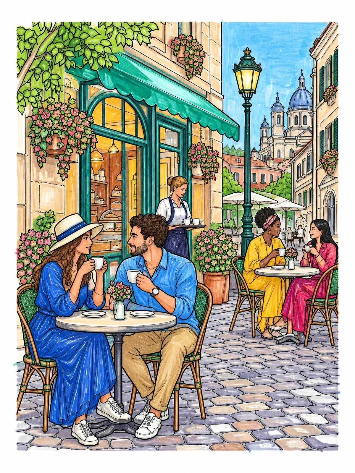 Colored example of the European Street Cafe Scene coloring page
