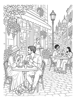 Free printable European Street Cafe Scene coloring page