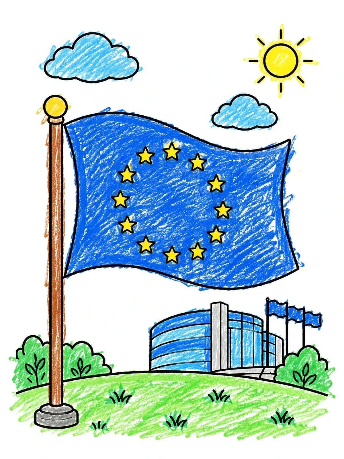 Colored example of the European Union Flag And Parliament coloring page