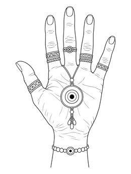 An open hand adorned with rings holds a protective talisman in this evil eye coloring page.