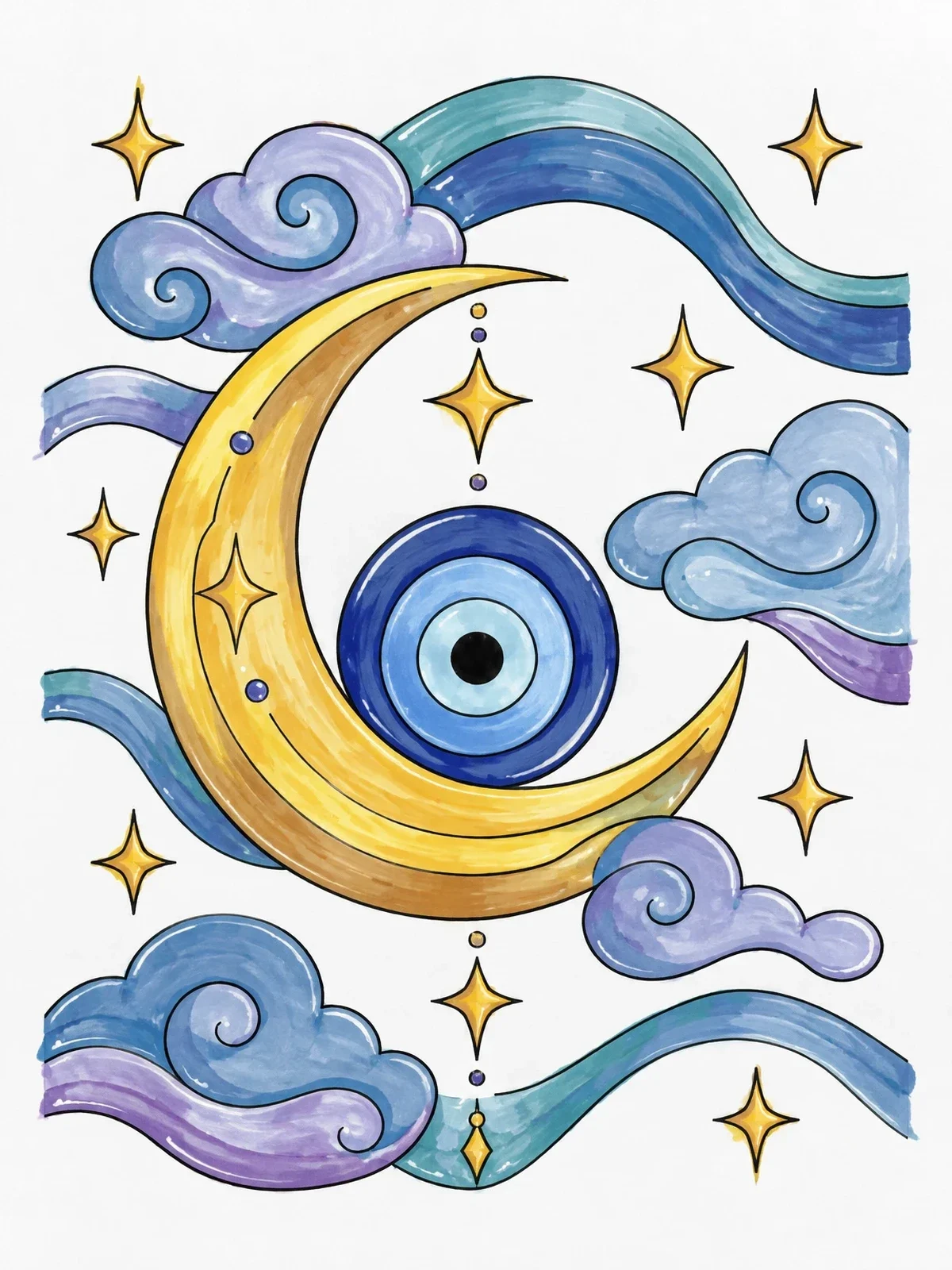 Colored example of the Evil Eye And Crescent Moon In The Night Sky coloring page