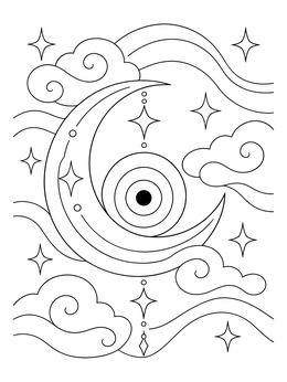 Celestial crescent moon and evil eye coloring page surrounded by stars and swirling clouds.