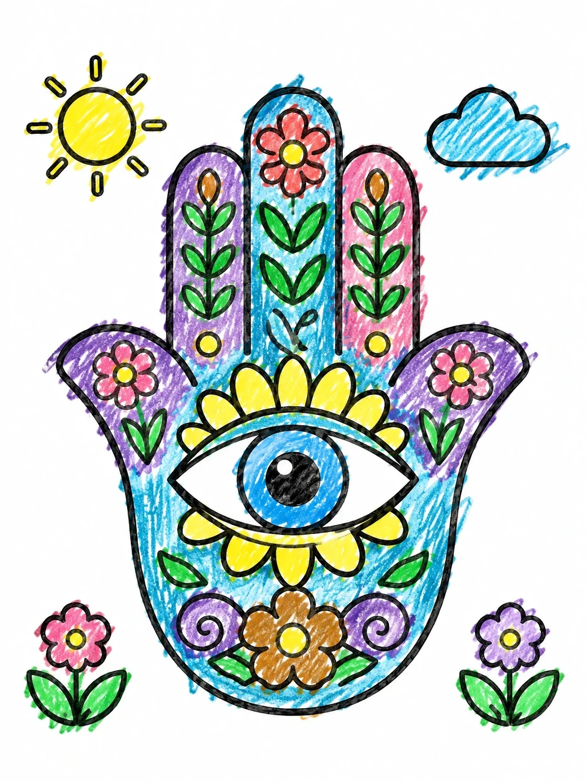 Colored example of the Floral Hamsa Hand With Eye coloring page