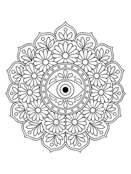 A detailed evil eye coloring page surrounded by daisy petals and ornate patterns.