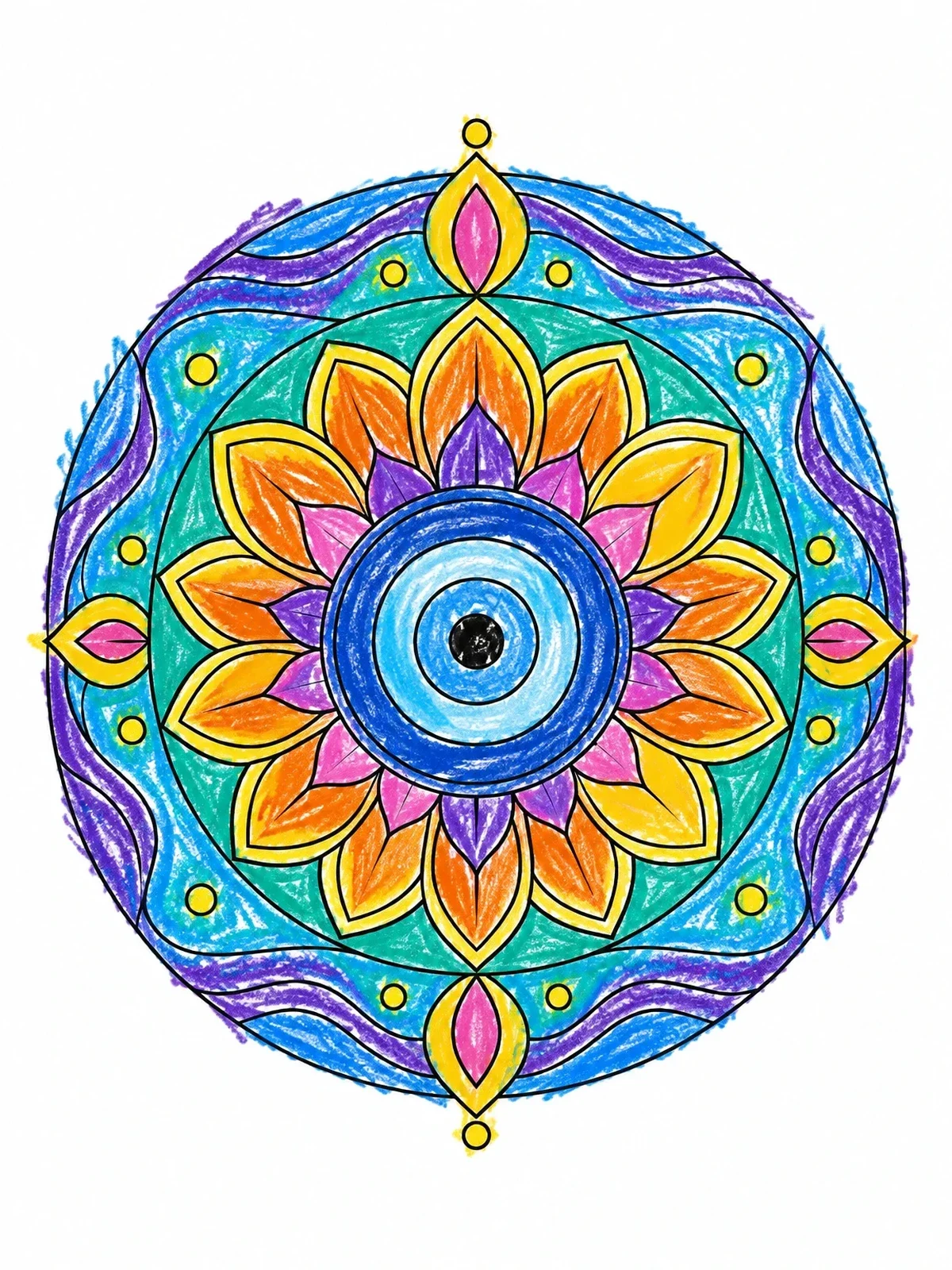 Colored example of the Evil Eye Floral Mandala coloring page