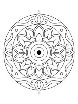 A detailed evil eye coloring page featuring a circular mandala with floral petals.