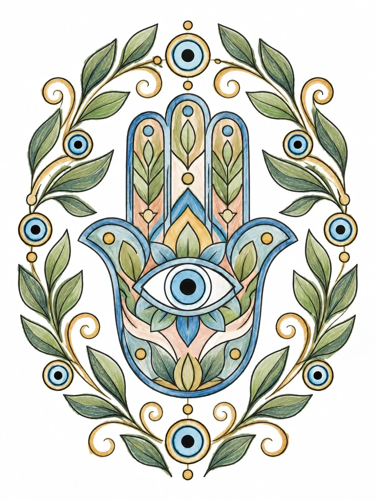 Colored example of the Hamsa Hand With Foliage Wreath coloring page