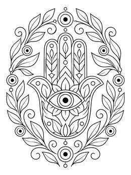 An intricate Hamsa hand design in an evil eye coloring page surrounded by leaf patterns.