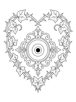 An ornate evil eye coloring page inside a heart frame of thorny ivy vines.