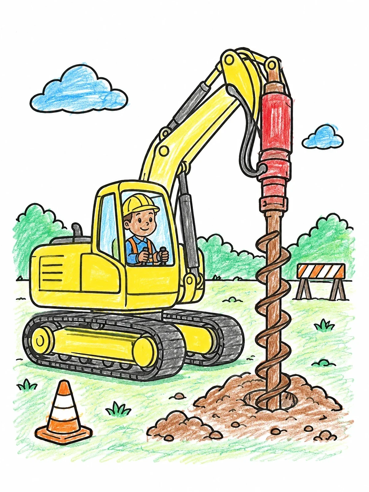 Colored example of the Excavator Drilling Machine At Construction Site coloring page