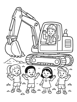 Free printable Excavator Driver Waving To Children coloring page