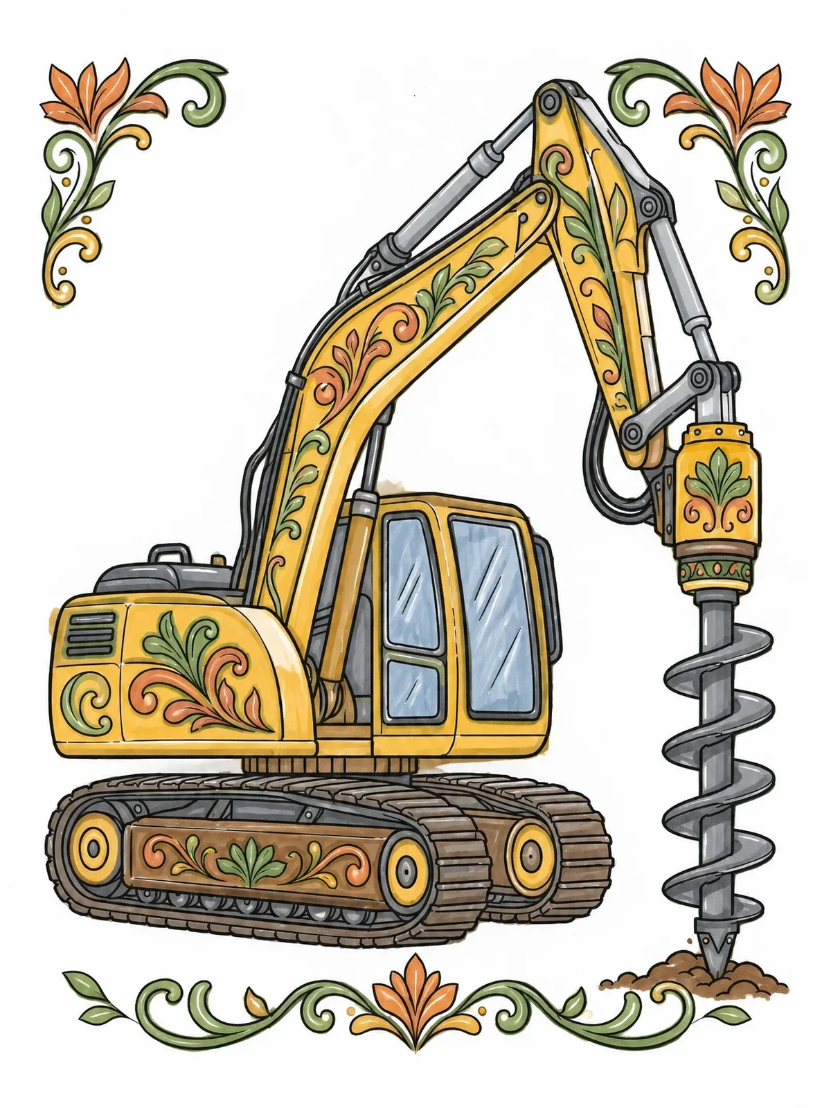 Colored example of the Excavator With Earth Auger Drill coloring page