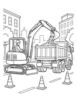 A detailed dump truck coloring page showing an excavator loading gravel on a city street.