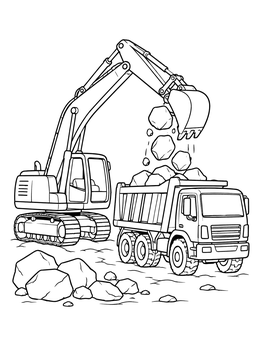 An excavator loading rocks on this dump truck coloring page at a busy construction site.