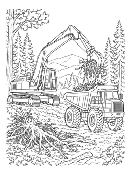 Forestry dump truck coloring page showing an excavator loading woody debris in the mountains.