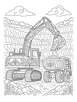 An excavator loads rocks into a vehicle in this dump truck coloring page set in an open quarry.