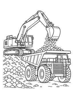 Excavator loads heavy rocks into a hauler on this dump truck coloring page.