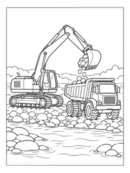 A tracked excavator fills river rocks into a vehicle in this detailed dump truck coloring page.