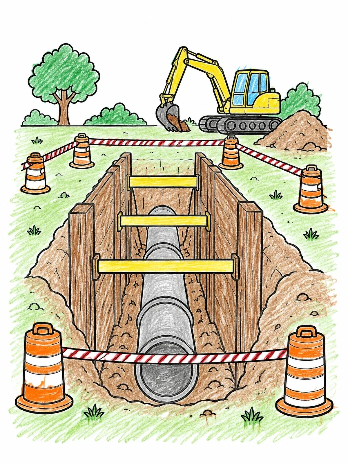 Colored example of the Excavator And Pipe Trench Construction coloring page
