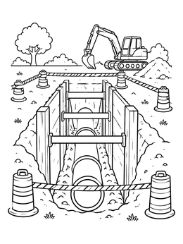 An excavator works beside a trench in this construction coloring page.